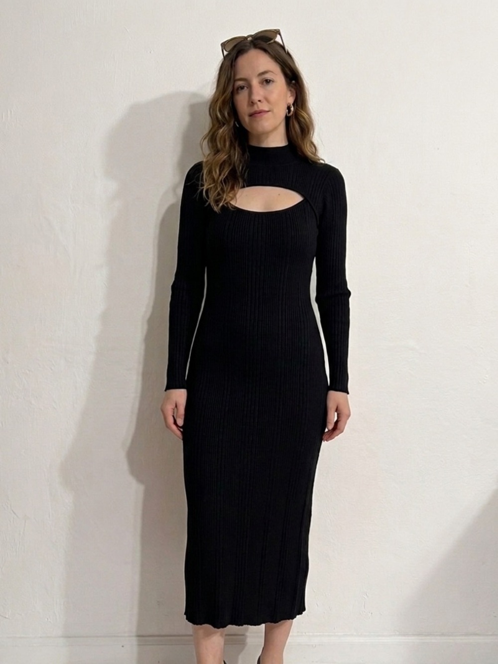House Of Harlow 1960 Black Ribbed Knit Cutout Midi Dress large